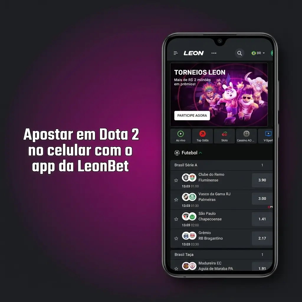 Usuário apostando em Dota 2 no celular com o app da LeonBet, acessando Esports, mercados ao vivo e histórico de bilhetes