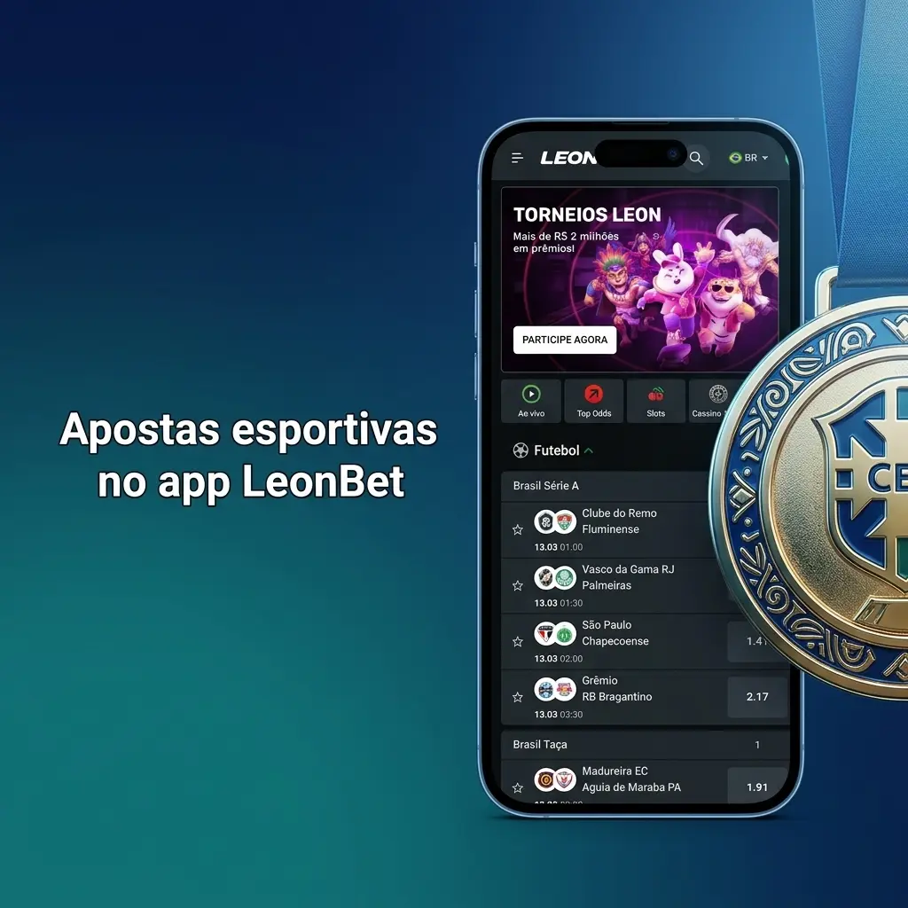 Interface do app LeonBet para apostas esportivas no celular, com mercados pré-jogo e ao vivo e bilhete visível