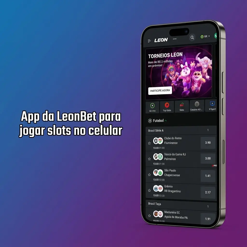 Tela do app LeonBet no celular com lobby de slots, menu de cassino, busca, filtros e controle de saldo e apostas