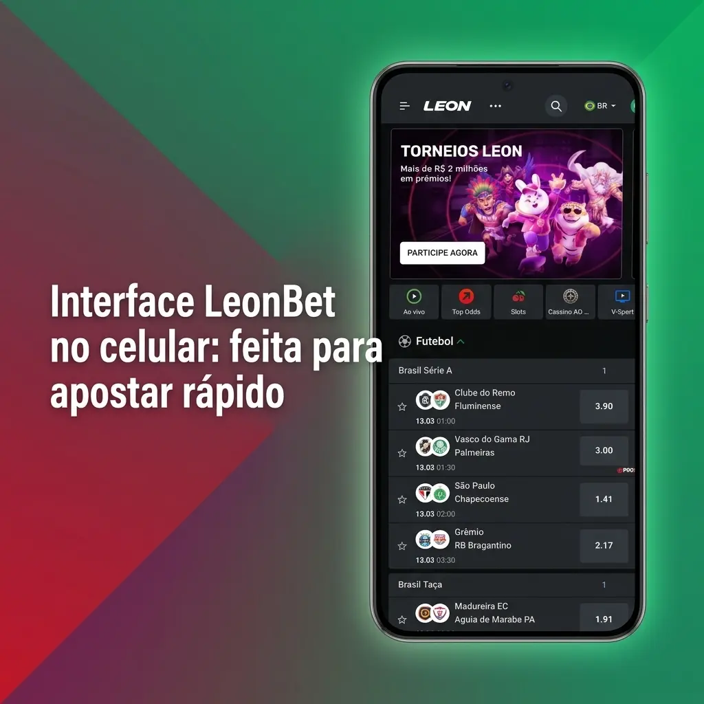 Interface móvel LeonBet com atalhos para Esportes, Ao Vivo e Cassino, busca visível e cupom de aposta acessível