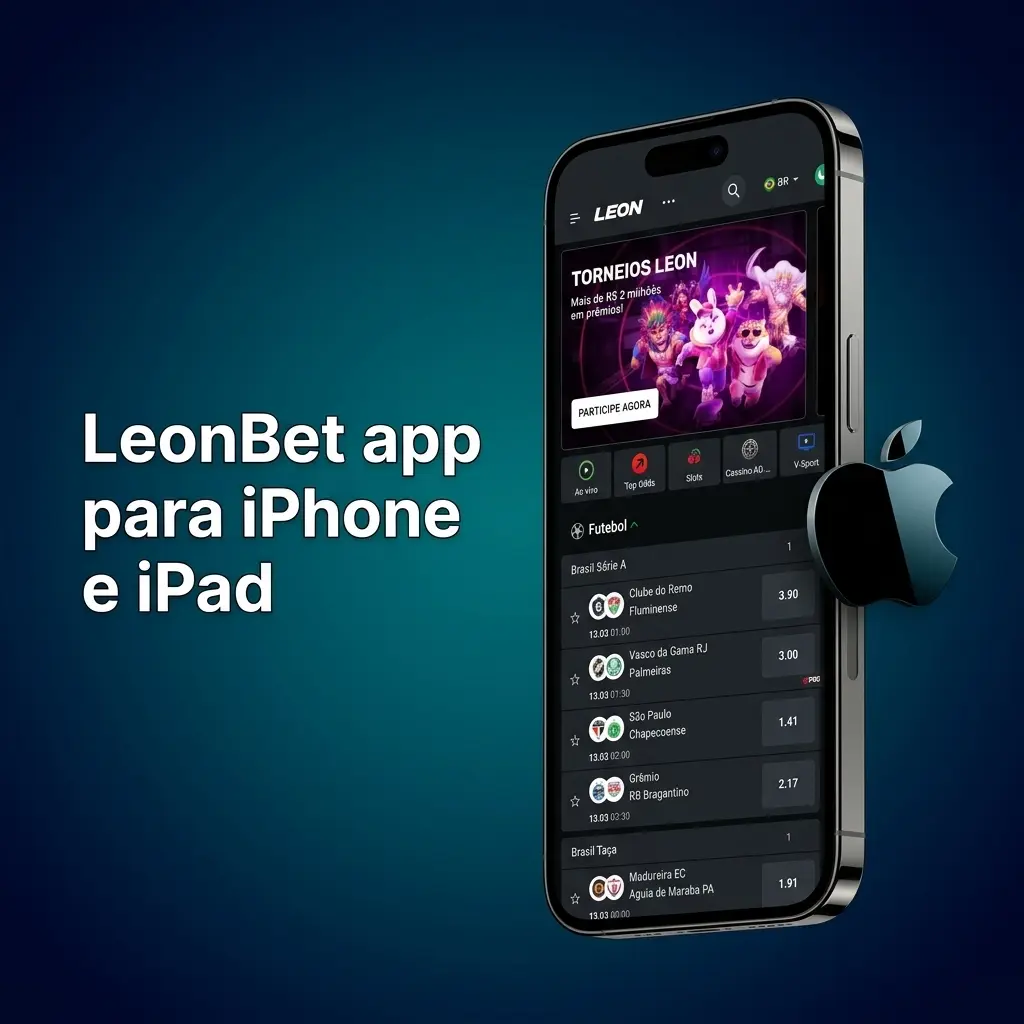 Aplicativo LeonBet para iPhone e iPad com apostas esportivas, cassino ao vivo e caça-níqueis; iOS 12+ e 200 MB livres