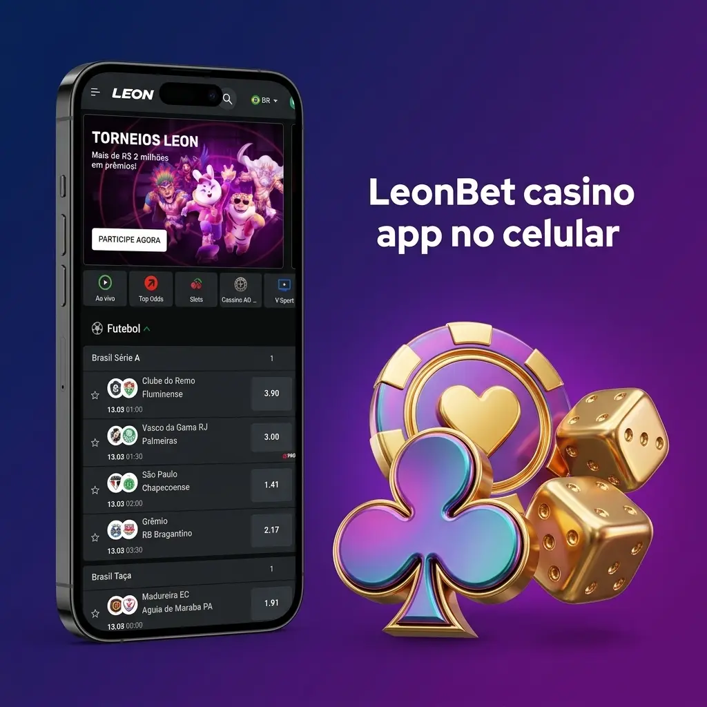 Tela inicial do app LeonBet no celular com cassino, slots e cassino ao vivo, alternância rápida e menu de bônus