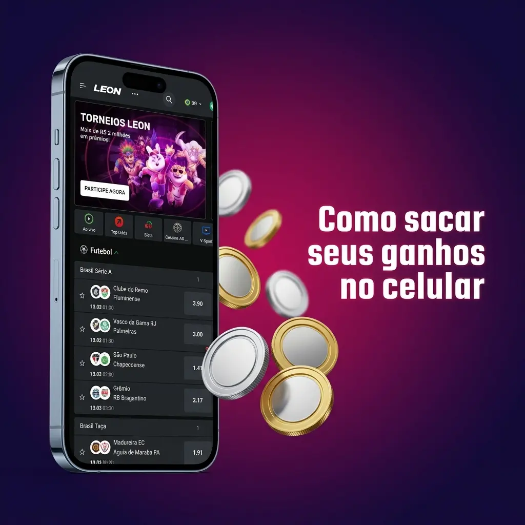 Tela do app mostrando menu Caixa e opção Saque para solicitar retirada e acompanhar status no histórico pelo celular