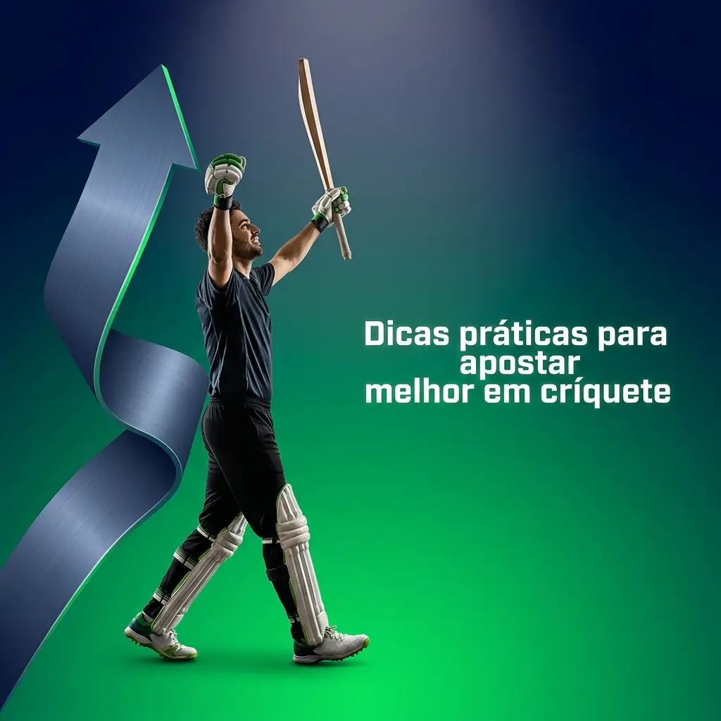 Ilustração com dicas para apostar melhor em críquete: análise de forma, pitch e clima, gestão de banca e odds ao vivo