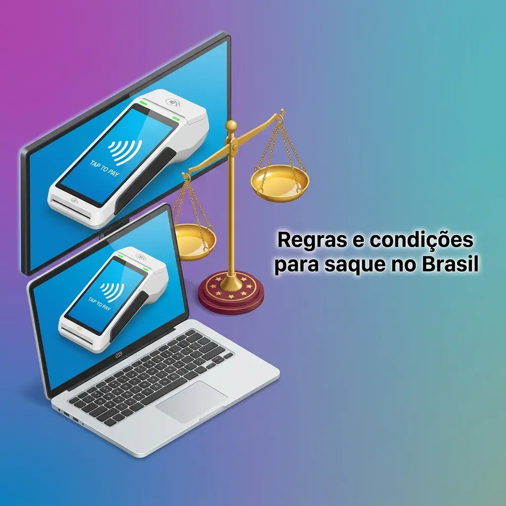 Infográfico com regras de saque no Brasil: CPF do titular, verificação KYC, limites, bônus bloqueado e compliance