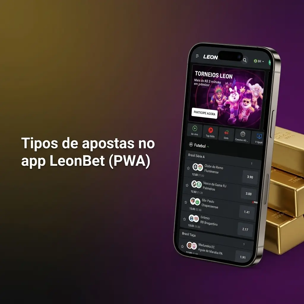 Tipos de apostas no app LeonBet PWA: simples, múltipla, sistema, ao vivo, handicap e total, com cupom visível
